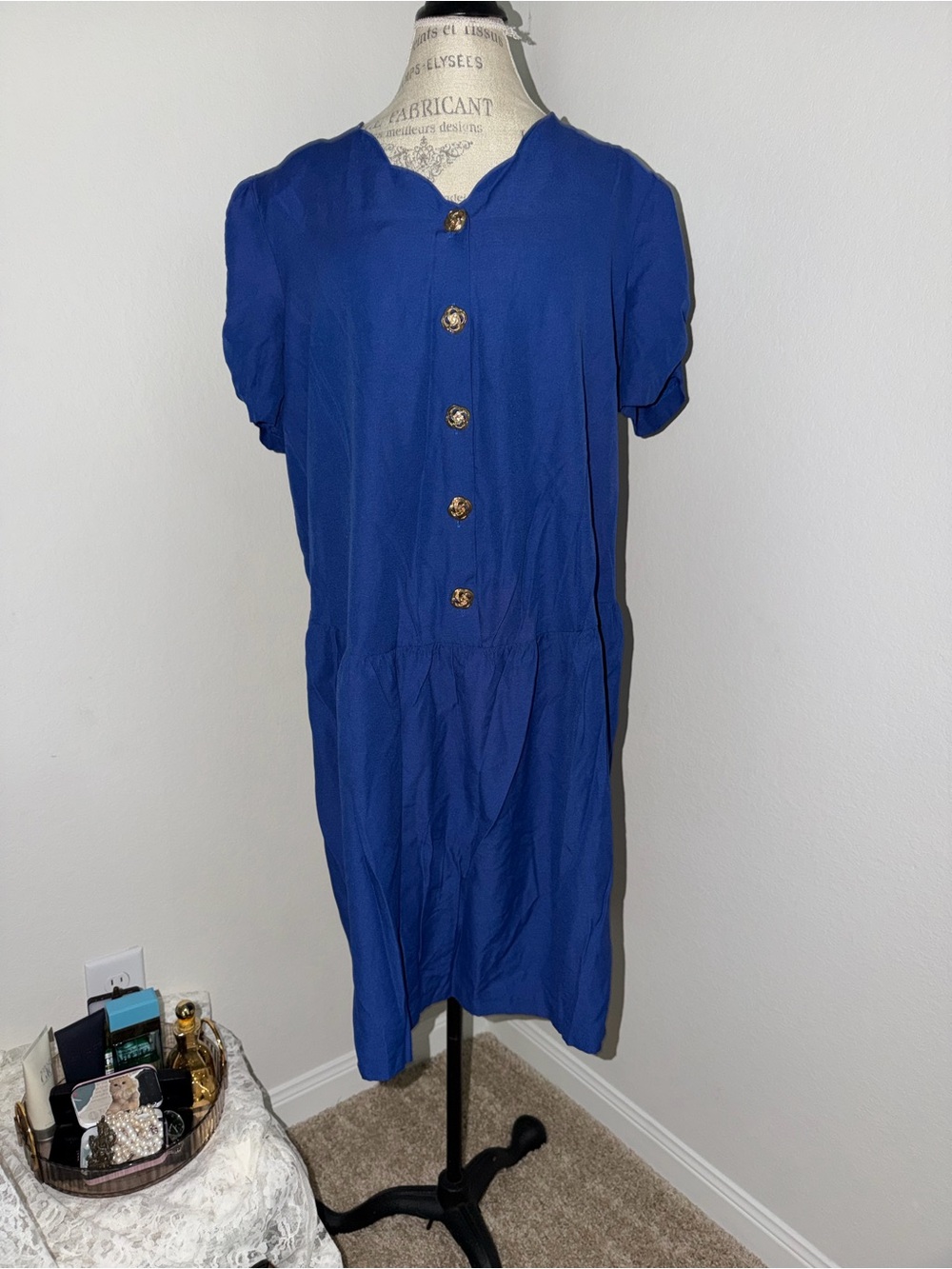 Champagne Royal Blue Midi Dress with Gold Buttons